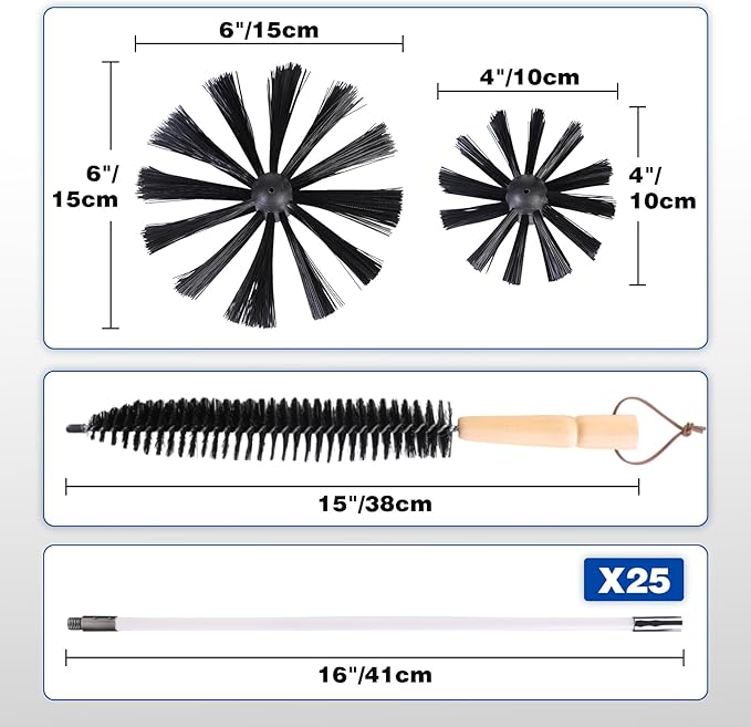 REDCAMP 33.6 Feet Chimney Sweep Kit, Dryer Vent Cleaner Kit with 25 Flexible Rods, 4/6 in Brush Heads for Easy Cleaning, Chimney Cleaning Kit for Efficient Fireplace Sewage Pipe Maintenance