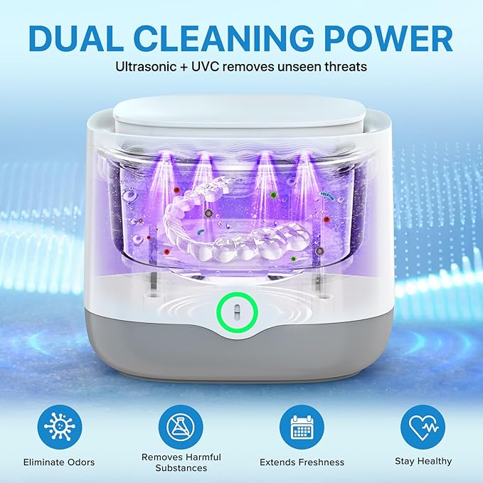 Ultrasonic Retainer Cleaner with UV-C, 45kHz Rechargeable Dental Cleaning Machine 4000mAh, 200ML for Denture, Mouth Guard, Night Guard, Aligner, 3 Modes & 6 Cleaning Tablets