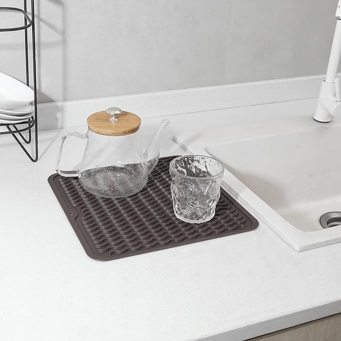 MicoYang Silicone Dish Drying Mat for Multiple Usage,Easy clean,Eco-friendly,Heat-resistant Silicone Mat for Kitchen Counter or Sink,Refrigerator or Drawer liner Coffee M 12 inches x 12 inches