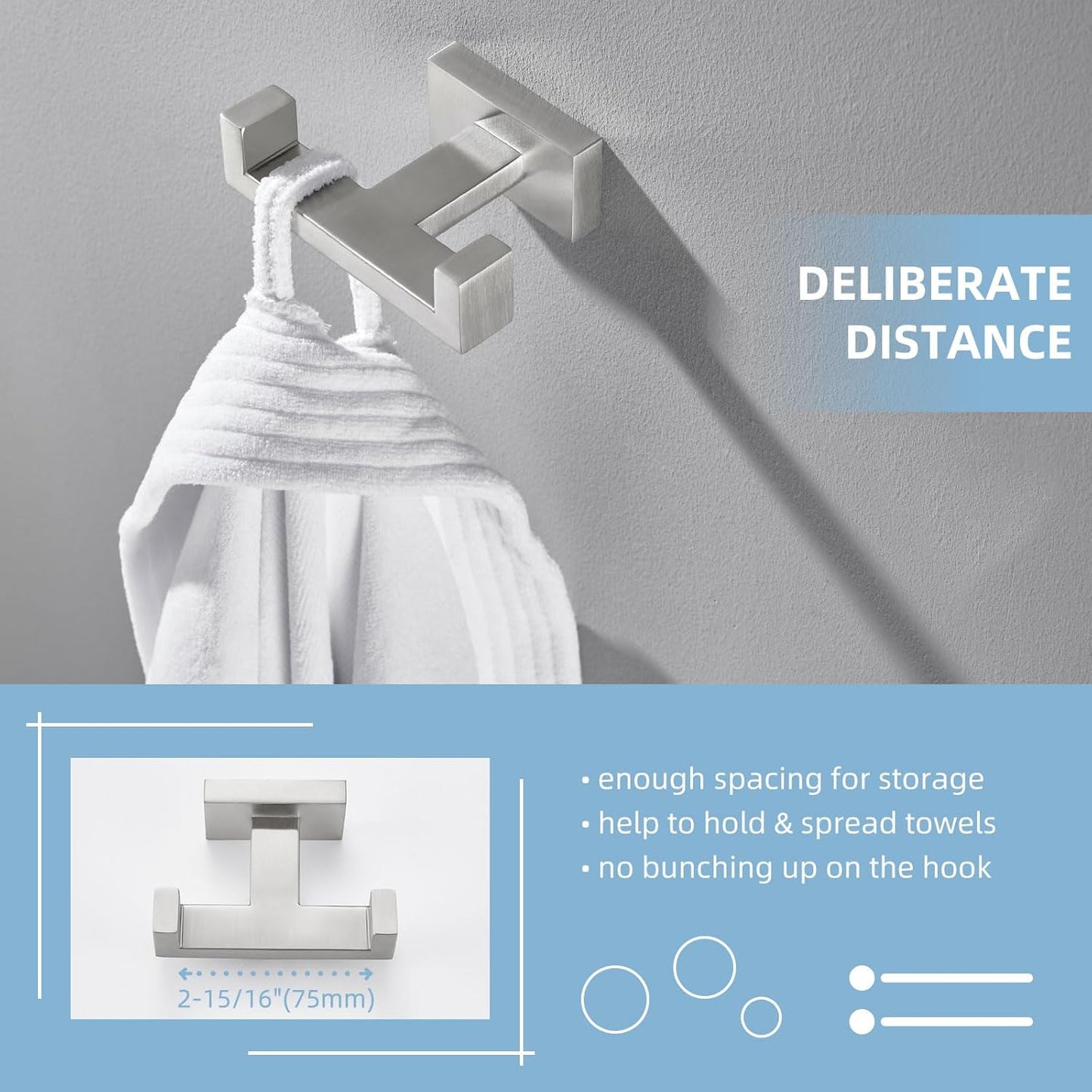 Angle Simple Towel Hook for Bathroom, SUS 304 Stainless Steel Double Robe Coat Hook, Hand Towel Hanger Wall Mount, Brushed Nickel