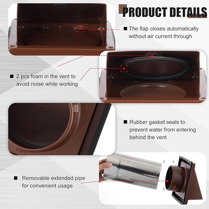 Gisafai 6" Dryer Vent Cover Outside with Stainless Steel Guard Wall Dryer Exhaust Cap and Removable Extended Pipe Vent Shroud Hood Cushioned Non Return Flap with Sealing Gasket Grille(Brown)
