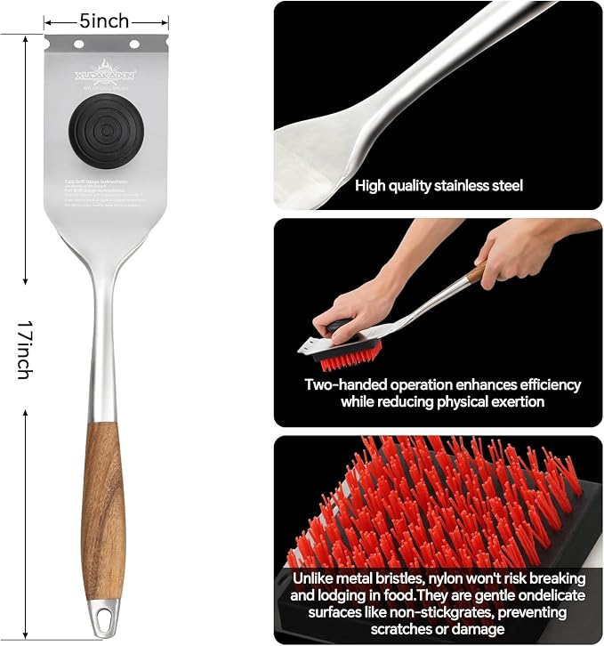 XUDAKAIXIN Nylon Grill Brush, Dual Grip Design, with Extended Luxurious Acacia Wood Handle, Safe Nylon Bristles Barbecue Outdoor Grill Brush for Cooled Grates(Red)