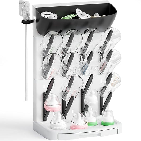 SuoXing Vertical Baby Bottle Drying Rack with Brush- Hold 16 Bottles - Large Breast Pump,Bottle Dryer Rack for Kitchen Countertop,Space Saving Bottle Stand Holder for Pacifiers,Pump Accessories,Black