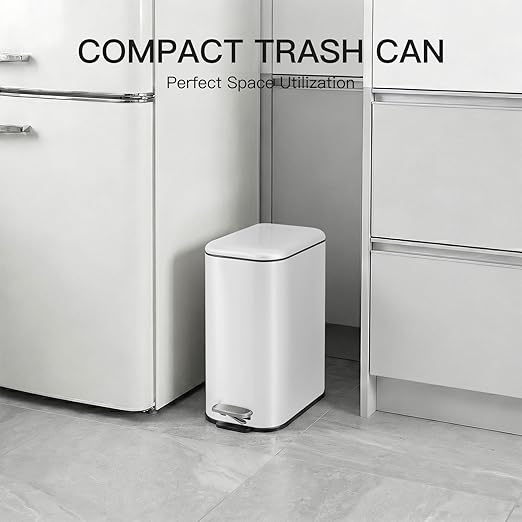 GarveeHome 1.3 Gal Slim Trash Can, Step Garbage Can with Soft-Close Lid, Stainless Steel Recycling Bin Waste Container with Removable Inner Bucket for Kitchen, Bathroom, Office, White