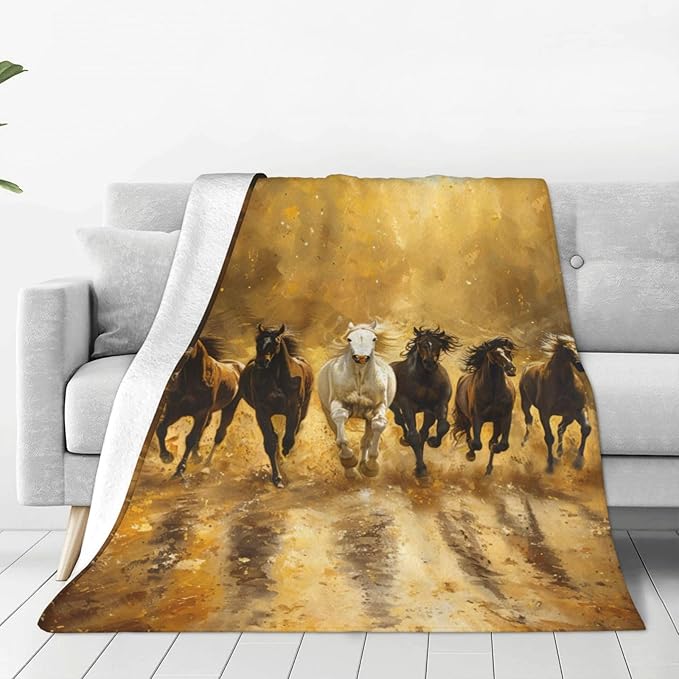 Horse Blanket 7 Lucky Running Wild Horses Decor Throw Blanket Comfy Plush Flannel Fleece Warm Soft Fluffy Fuzzy Blanket Western White Horse Gifts for Girls Boys Women Teens for Bed Sofa Couch 60"X80"
