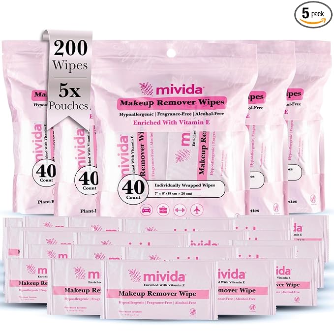 mivida 200 Count, 5 Value Packs Hypoallergenic Individually Wrapped Makeup Remover Wipes with Vitamin E | Dermatologist Tested | Travel Friendly Gentle Cleansing Towelettes for Sensitive Skin