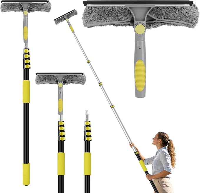 Window Squeegee with Extension Pole, 26FT Reach Squeegee for Window Cleaning, 2-in-1 Windows Washer, 180°Rotated Windows Cleaner Squeegees, Washable Window Squeegees for Home, Mirror, Car