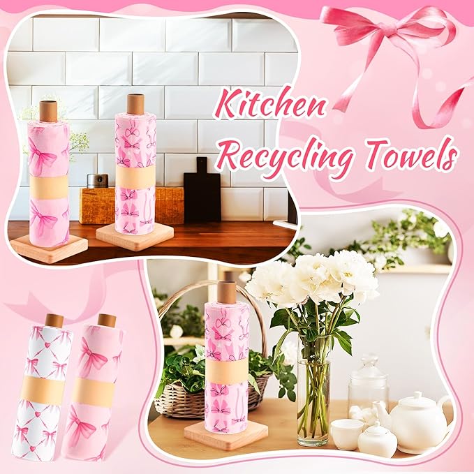 Redbaker 50 Pcs Reusable Paper Towels Paperless Reusable Cotton Cloths Toilet Absorbent Washable Paper Towels with Roll Kitchen Dishcloth for Kitchen Paperless Dishcloths(Pink Bow)