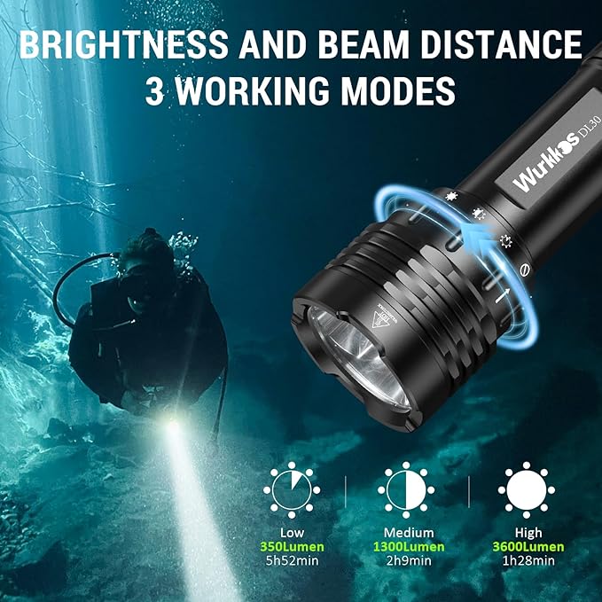 Wurkkos DL30 Dive Light Rechargeable, 3600 Lumens Super Bright Scuba Diving Light, IPX-8 Waterproof Flashlight, 100m Underwater Lights for Night Diving Cave Snorkeling Submersible Safety Lights