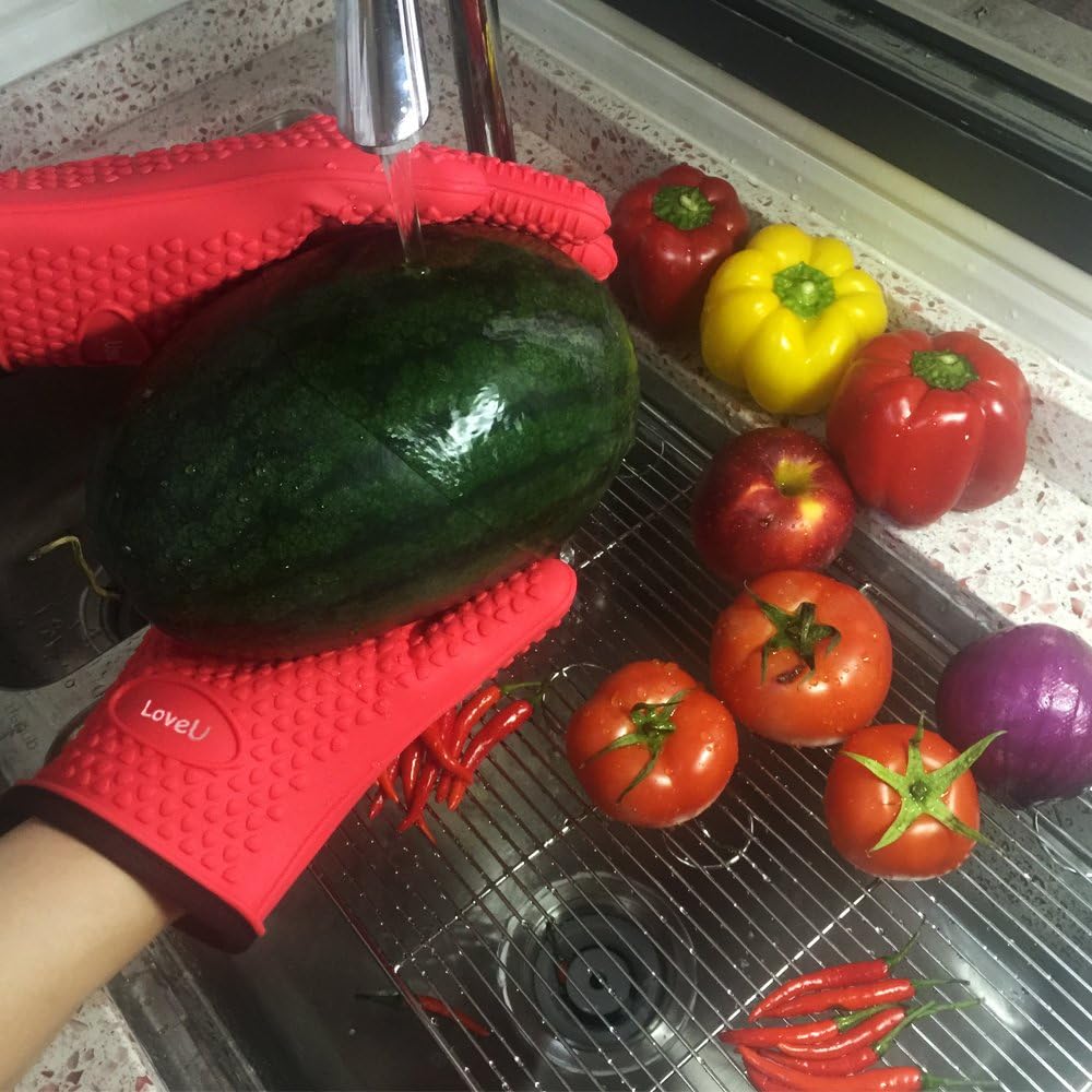 Kitchen Oven Gloves - Dual-Layer Heat Resistant Grilling Gloves, Silicone Oven Mitts with 5 Fingers, Waterproof Non-Slip Pot Holder for Barbecue, Cooking, Baking (Red)