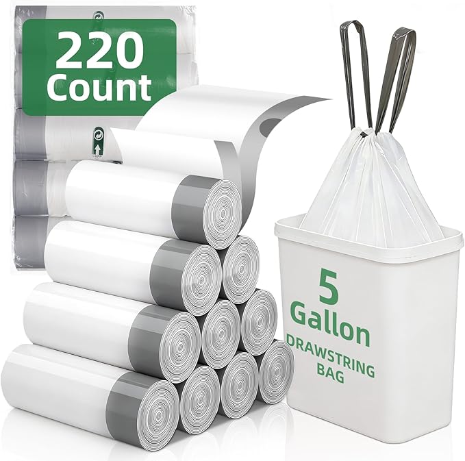 220 Counts 5 Gallon Trash Bag Drawstring Small Trash Bags, Thick Pre-separated Garbage Bags, Trash Bin Liners, Suitable for bathroom, kitchen, bedroom, office (White)