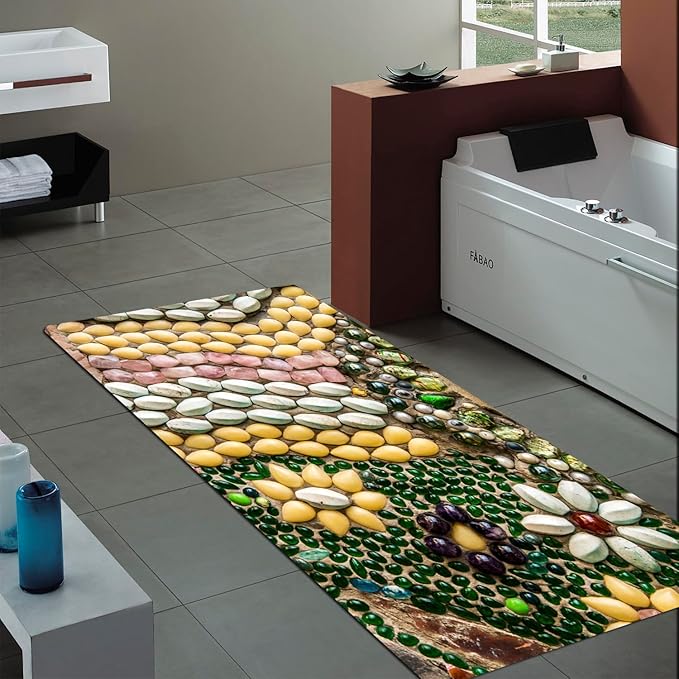 WODEJIA Non Slip Bath Rugs Sponge Foam for Bathroom,Flannel Mat Rug for Living Room, Absorbent MatS for Forlaundry Room and Kitchen,Colored Pebbles Welcome Mat 47x18 Inches