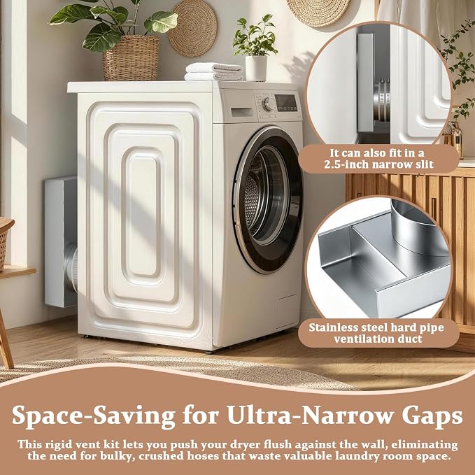 Periscope Dryer Vent, 0-5" Adjustable Dryer Vent Stainless Steel Telescoping Tight Space Low Profile Dryer Vent Connector Kit Flat Duct Exhaust Hose Close to the Wall Space-saving Replacement Vents