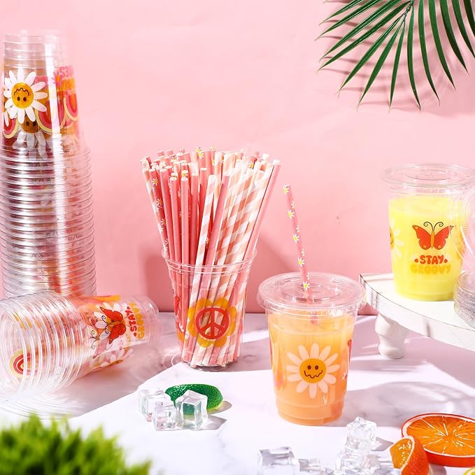 Blushtier 300 Pcs Groovy Disposable Plastic Cups with Lids and Straws 12oz Groovy Party Favors Supplies Boho Retro Hippie Clear Drinking Cups for Party
