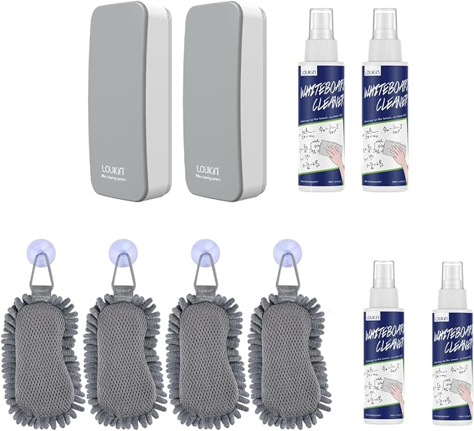 LOUKIN | Shag Dry Erase Eraser 4 Pack & Whiteboard Cleaner 2 Pack(3.4 fl oz) & Magnetic Dry Erase Eraser (Gray) 2 Pack & Non-Toxic Whiteboard Cleaner (3.4 fl oz) 2 Pack
