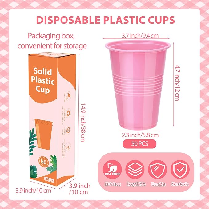 Kochorie 50 Pack Disposable Plastic Cups 16 Oz Solid Color Drinking Cups Party Supplies Strong and Sturdy Drinkware Cup For Birthday, Wedding, Baby Shower, Gender Reveal Party& Daily Use, Pink