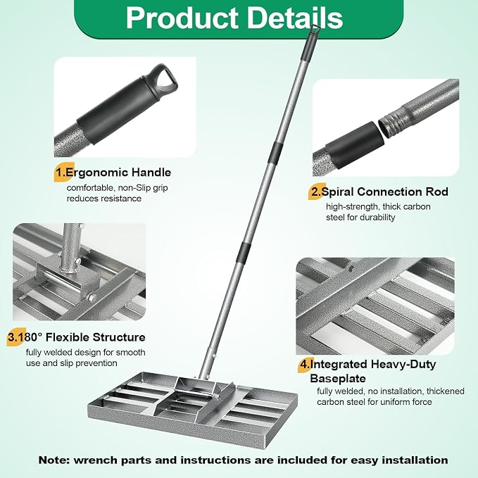 Lawn Leveling Rake, 17" x 10" Heavy Duty Lawn Leveler Tool with 57" Handle, Carbon Steel Ground Leveling Rake for Spreading Soil, Sand, Dirt & Top Dressing, Yard Garden Lawn Tool