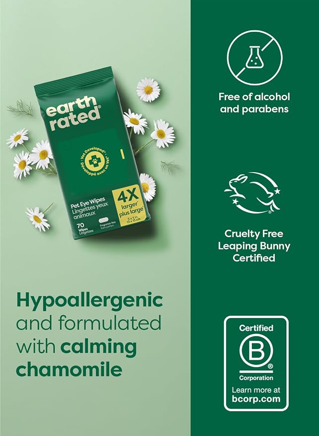 earth rated Vet-Developed Dog Eye Wipes, Hypoallergenic Pet Wipes for Dogs & Cats to Remove Dirt & Discharge, Fragrance Free, 70 Count