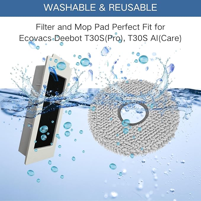 Replacement Accessories Parts Kit Compatible with Ecovacs Deebot T30S(Pro), T30S AI(Care)| Includes 8 Dust Bags, 8 Mop Pads, 6 Filters, 6 Side Brushes, 2 Main Brushes