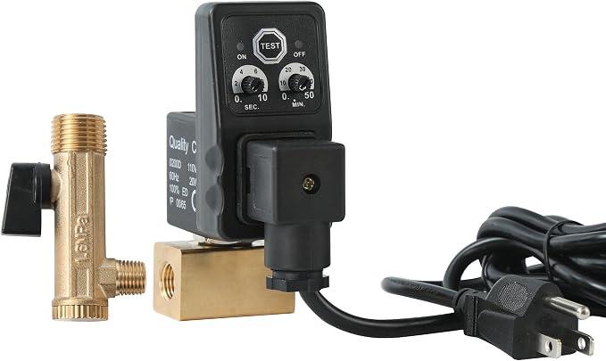 1/4" NPT Timer Operated Compressor Air Drain Valves with 1/4" flexible Braided Steel Tube and Ball Valve Strainer 1/2" x 1/4" MNPT，Automatic Electronic Tank Drain Kit with Push to Connect Fitting