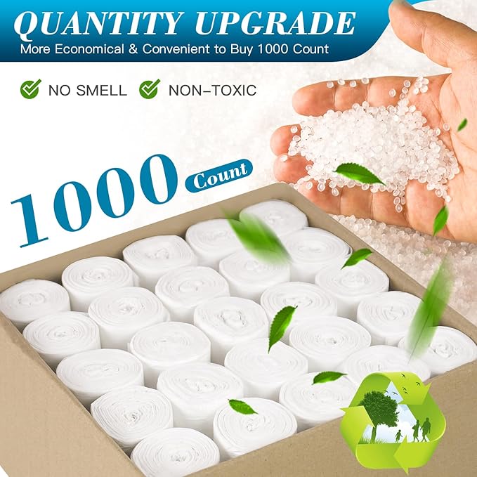 Charmount Small Trash Bags 2-4 Gallon 1000 Count, Unscented White Plastic Wastebasket Liners for Bathroom, Mini Garbage Can or Bin