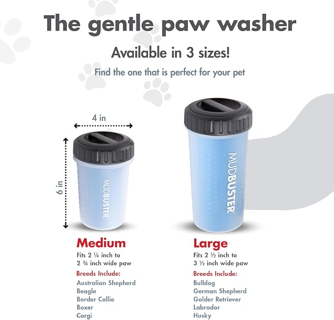 Dexas Lidded MudBuster Medium Dog Paw Cleaner, Pro Blue, Fits 1.5"-2.5" Wide Paws, Gentle Silicone Bristles for Quick, Easy Cleaning