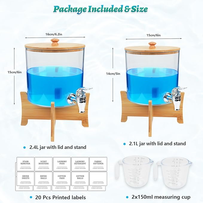 Laundry Detergent Dispenser*2 with Shelf & Bamboo Lid for Liquid Detergent, Laundry Soap Scent Booster & Fabric Softener Dispenser for Laundry Room Organization and Storage with 2 Cups & 20 Labels