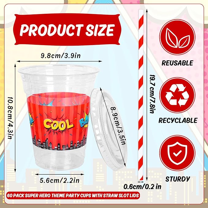FYSUIMU 100Pcs 12Oz Hero Party Disposable Plastic Cups with Lids and Straws Super Hero Theme Cold Beverage Drinking Cups for Home Kitchen Party Supplies