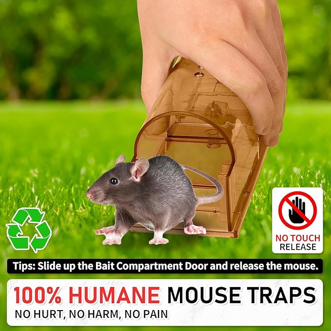 LULUCATCH Humane Mouse Traps 6 Pack, No Touch Catch and Release Live No Kill Rodent Traps, Reusable with Cleaning Brush, Pet Safe Indoor Outdoor Rodent Control for Mice, Rats, Chipmunks, Voles, Brown