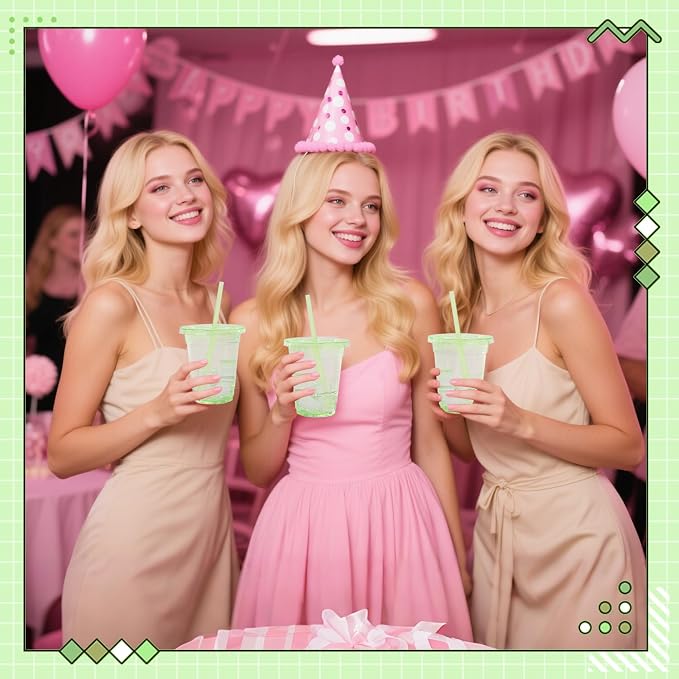 100 Set Green Plastic Cups with Lids and Straws 12 oz Disposable Drinking Clear Cups for Wedding Green Birthday Party Supplies