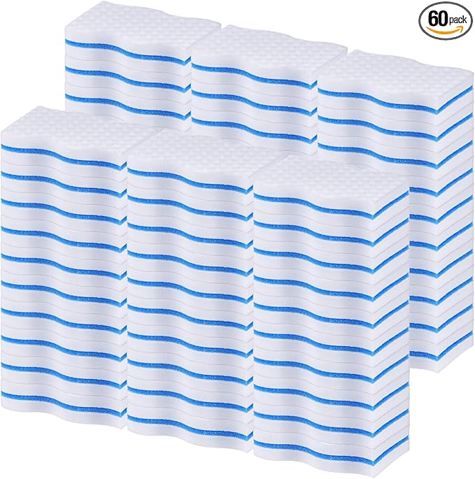 SiliFine Magic Extra Durable Sponge Eraser 3 Layer Density Cleaning Pads in Bulk Thick More Lasting Sponge Eraser for Bathroom Kitchen Floor Bathtub Toilet Cleaner(60 Pcs,White, Blue)