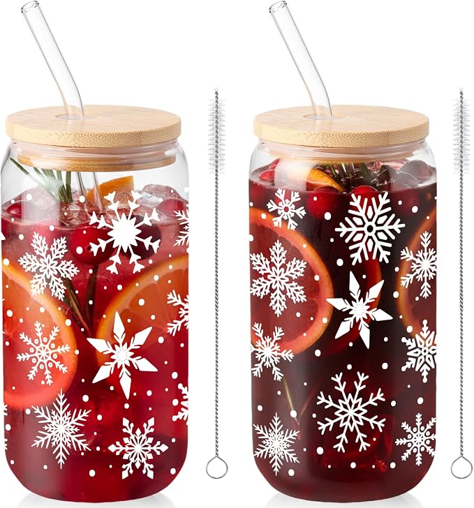 Sliner 2 Pcs Snowflake Glass Cups Christmas Winter Tumbler with Lid Straw Drinking Glasses 16 oz Iced Coffee Cup with Cleaning Brush Beer Can Tumbler Cute Holiday Gifts for Home Office Decorations