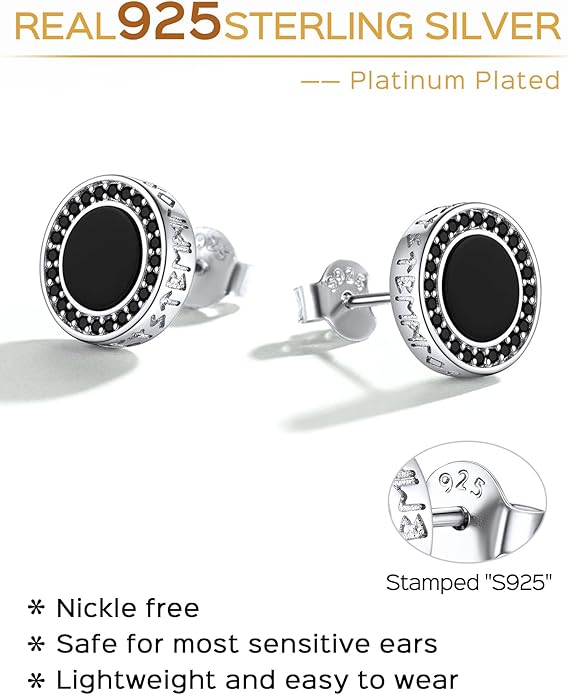 ChicSilver 925 Sterling Silver Viking Rune Natural Black Onyx Stud Earrings For Women Men