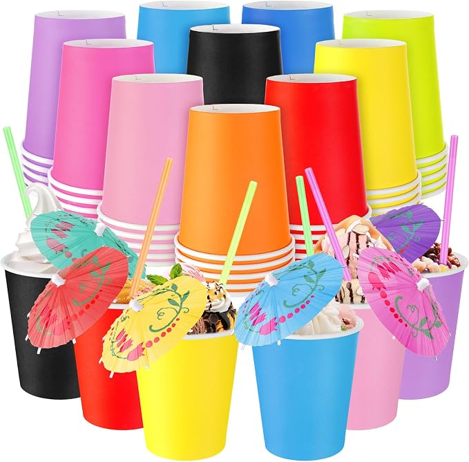 150 Pcs Colorful Disposable Paper Slushie Cups with Spoon Straws and Cocktail Drink Umbrellas, Hot Cold Food Paper Cups for Summer Hawaiian Pool Party, Sundae Ice Cream Party Supplies