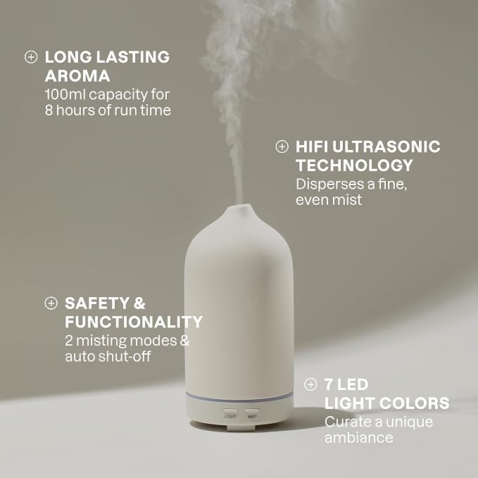 Cliganic Ceramic Diffuser (Black), 100ml Ultrasonic for Essential Oils Aromatherapy, Home & Office