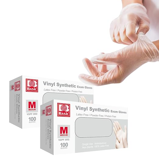 Jointown Basic Medical Vinyl Exam Gloves Disposable Latex Free Medium, Powder-Free, Clear Food Safe Gloves, VGPF3002, (2 Boxes of 100) Medium