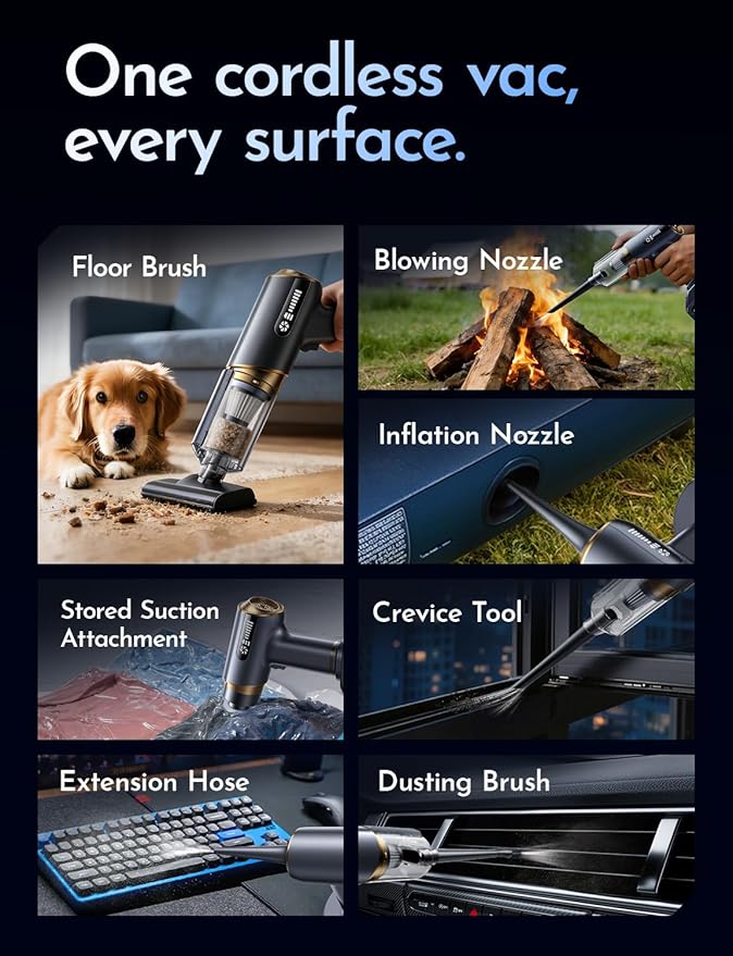Cordless Vacuum Cleaner, 58000PA Handheld Vacuum Cordless, 9-in-1 Car Vacuum Portable Cordless for Detailing & Pet Hair, Powerful Rechargeable Vacuum Cleaner for Car, Keyboard & Couch.