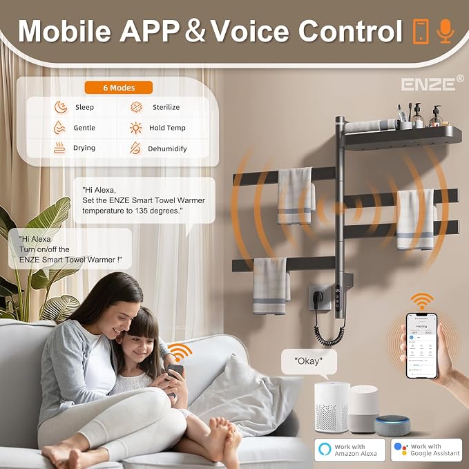 ENZE Smart Rotating Heated Towel Rack for Bathroom, 4-Bar Wall-Mounted Electric Towel Warmer with Swivel Shelf, Wi-Fi App Control, 24H Timer, Stainless Steel, IPX5, Hardwired/Plug-in, Gray