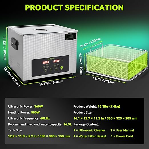 Commercial Ultrasonic Cleaner, ECO Mode, Heating, Degas Mode, ECO Energy-Saving Ultrasonic Cleaning Machine Excellent for Labs,Carburetor,Jewelry,Dentures,Automotive & Industrial Parts. (15L)