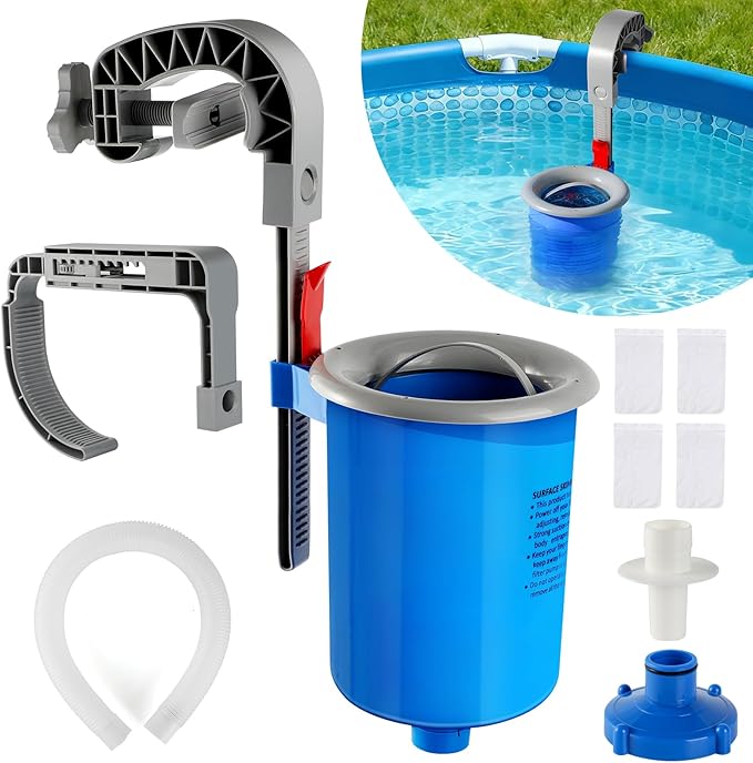 Above Ground Pool Skimmer with 4 Skimmer Socks, Floating Surface Skimmer, Wall Mount Pool Surface Skimmer with Hose and Basket, Attaches to Inflatable Collars, Tubular and Metal Frames (Blue)
