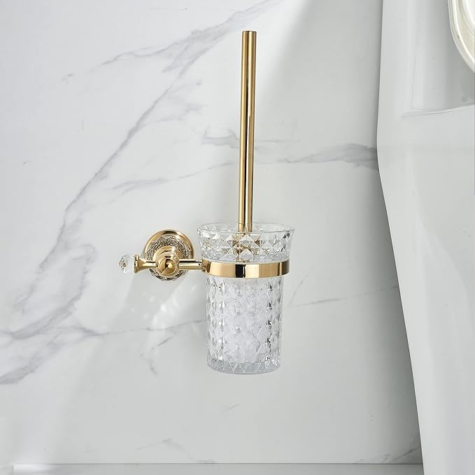 WOLIBEER Crystal Toilet Brush Holder, Polished Gold Brush Handle with Replaceable Brush Head, Stainless Steel Bathroom Cleaning Set Wall Mounted