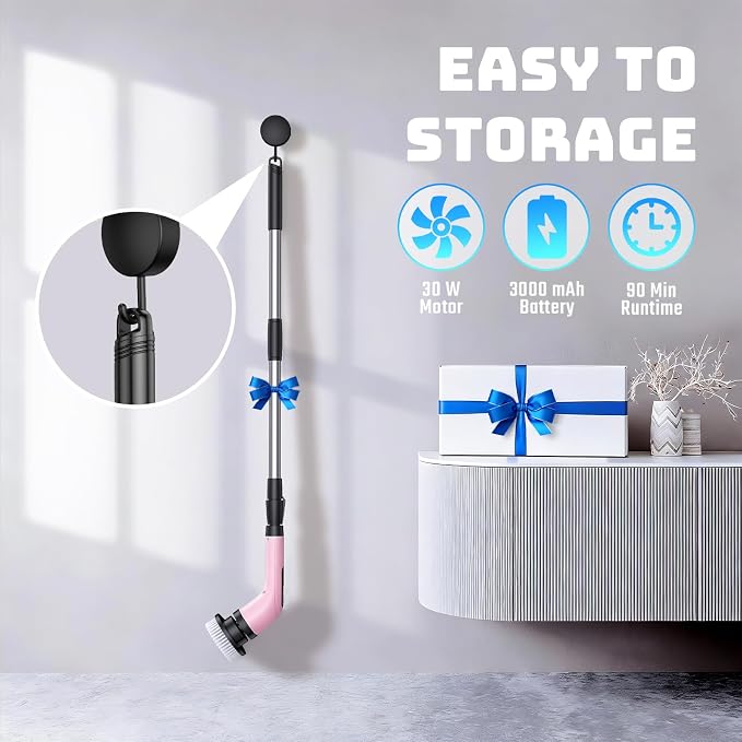 Highyes Electric Spin Scrubber for Bathroom | IPX7 Waterproof Shower Scrubber with Extendable Long Handle，Bathroom Cleaning Scrubber with 7 Reusable Brush Heads