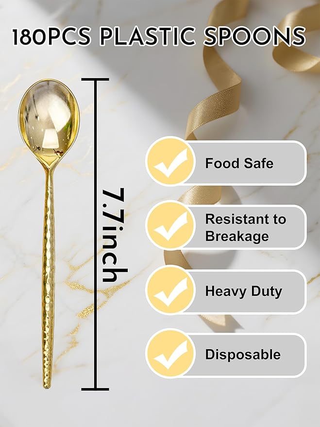 U-QE 180 PCS Gold Plastic Spoons - 7.7 Inch Hammered Heavy Duty Plastic Spoons - Elegant Gold Plastic Silverware - Perfect for Parties & Weddings and Other Daily Events