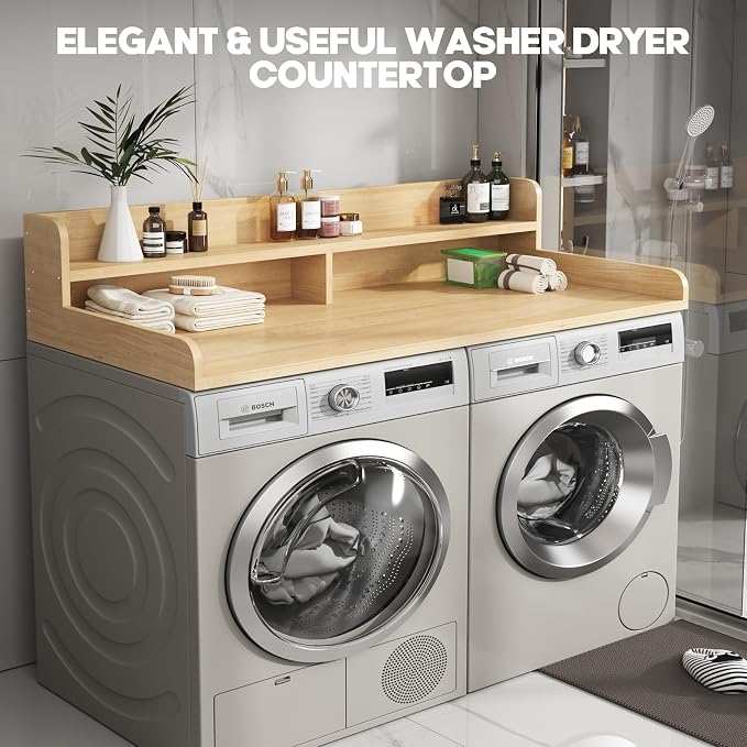 2-Tier Washer and Dryer Countertop,2.75" H Guard,58" W x 28" D Laundry Countertop Cover with Non-Slip Pad,Large Space Laundry Topper for Folding Clothes Over Washer and Dryer-Pure Wood Color