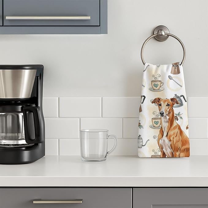 Caroline's Treasures Red Greyhound Coffee Bar Kitchen Towel Velour Plush Front and Cotton Loop Back Machine Washable