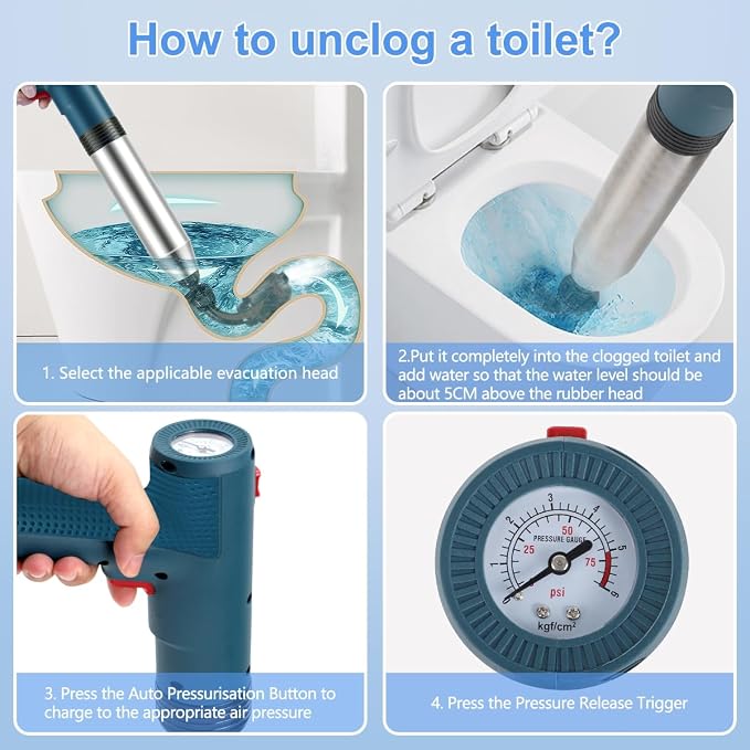 Electric Toilet Plunger High Pressure Electric Air Drain Blaster Gun with Visual Barometer，Air Power Plunger for Bathroom,Kitchen Bathtub Toilet Floor Drain Clog Remover-Blue