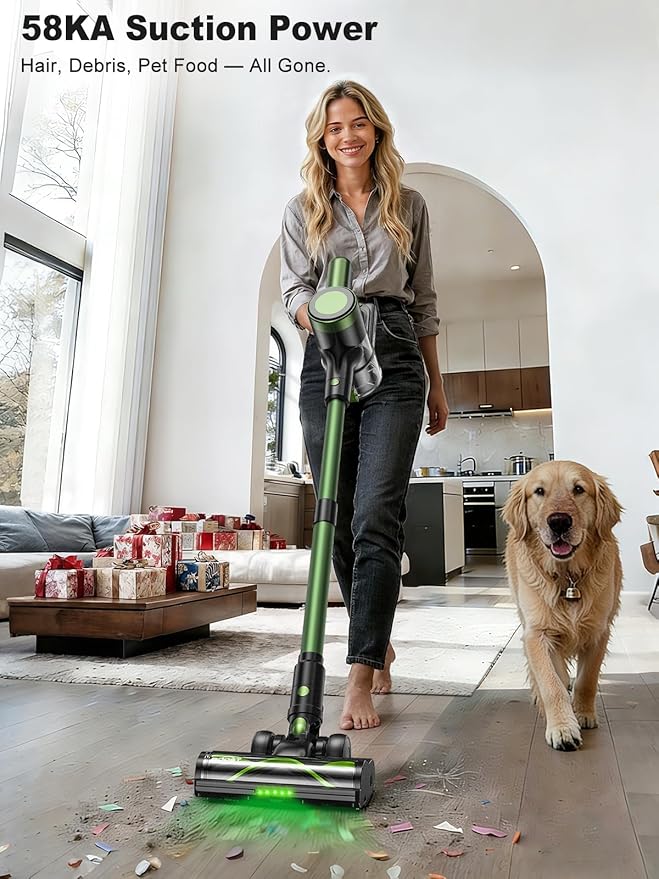 Cordless Vacuum Cleaner,58kPa/10-in-1 Stick Vacuum with 29-inch Hose and LED Lighting Brush,55Mins Runtime Vacuum Cleaner for Home,Self-Standing Vacuum with Anti-Tangle Brush for Pet Hair/Carpet/Floor