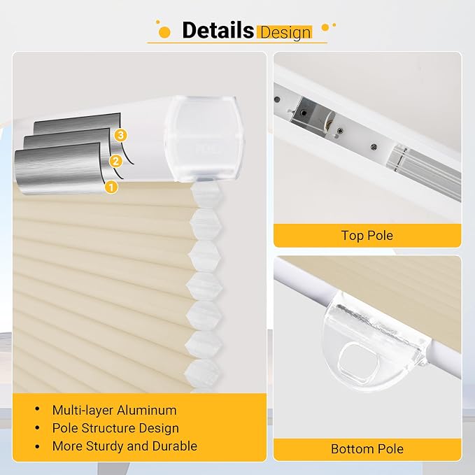 Cellular Blinds Cordless Shades for Windows Single Cell Shade - Provide Privacy and Filters Light - 34 x 64 inch, Ivory Beige(Light Filtering)
