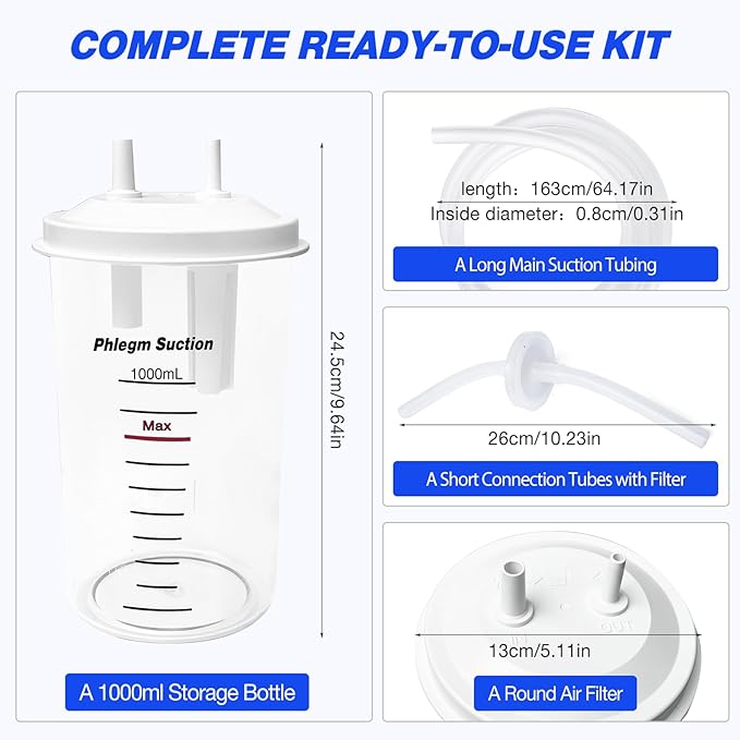 1000ml Liquid Storage Bottle Kit for Portable Suction- Collection Bottle, Main Suction Tube, Connection Tube and Air Filter