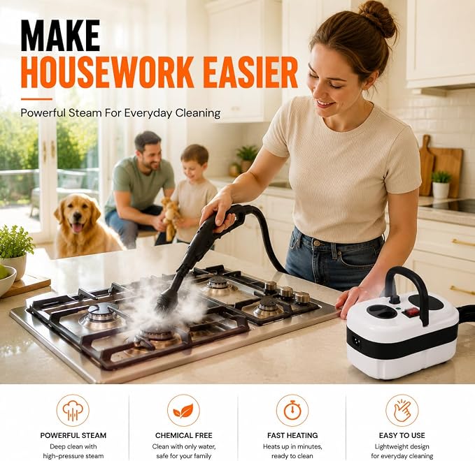 Pressurized Handheld Steam Cleaner, 221°F High-Temp Steamer for Deep Cleaning, Chemical-Free for Pets & Kids, 10-Piece Accessory Kit for Car, Couch, Grout, Tile & Floor